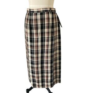 Pendleton Plaid Midi Wrap Pencil Skirt in Black, Brown and Cream, Sz 12